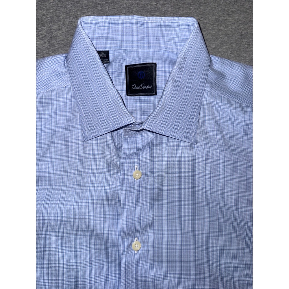 David Donahue Mens Blue Plaid Regular Fit Dress Shirt 18 34/35 Luxurious Feel